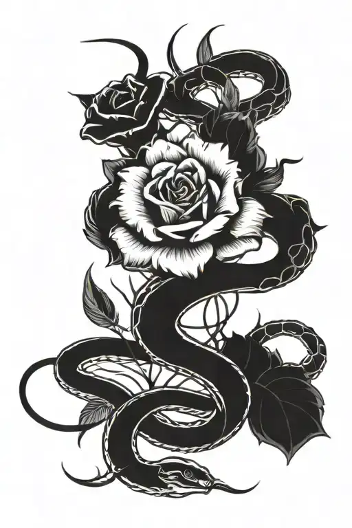 Rose And A Flower With The Throns Of The Rose Going Into The Snake