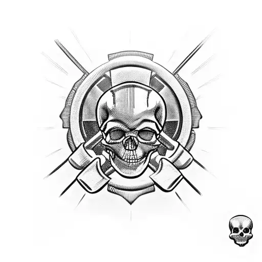A Skull Wearing A Mechanic's Cap With Crossed Harley Davidson Wrenches Tattoo