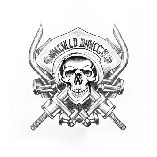 A Skull Wearing A Mechanic's Cap With Crossed Harley Davidson Wrenches Tattoo