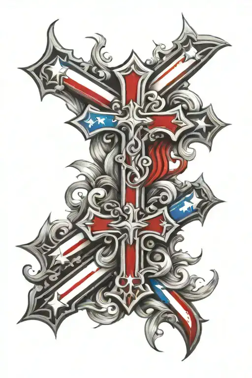Black And Gray Cross Tattoo With Red White And Blue Highlights