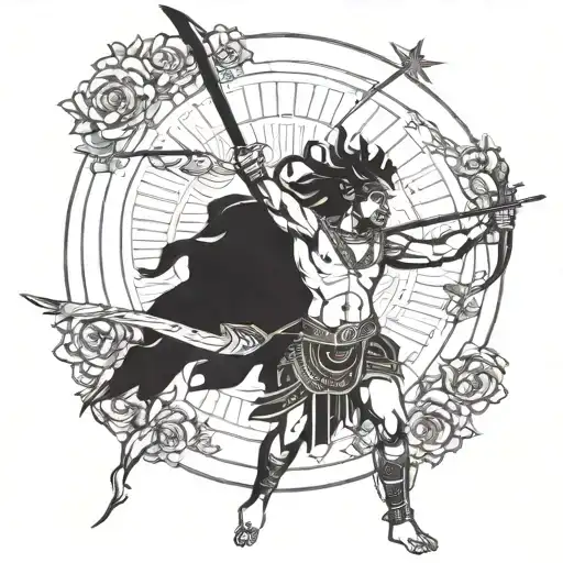 Lord Arjuna Pointing A Bow And Arrow At A Pisces Sun Sign