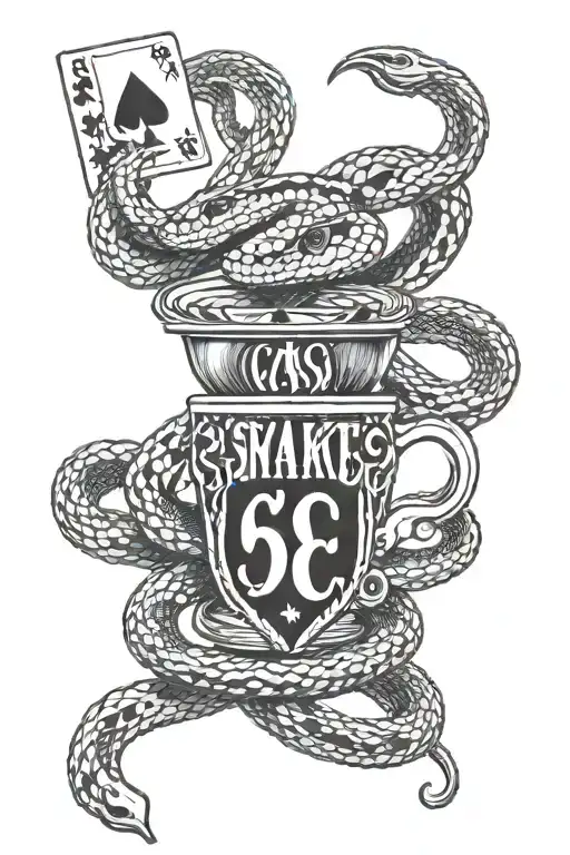Poker Cards And A Snake With Coffee Symbol And Monster Energy Logo In Red And Black Ink