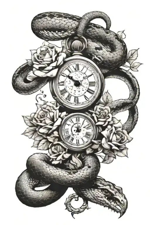Broken Time Clock Being Pierced By A Snake That Is Shedding Its Skin And A Withered Flower