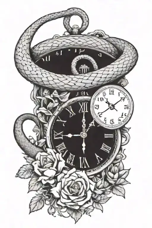 Broken Time Clock Pierced By A Snake That Is Shedding Its Skin And Withered Flowers