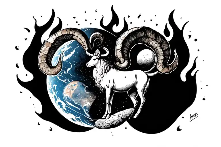 Zodiaco Aries Surrounded By Fire Next To L Planet Mars And Planet Earth