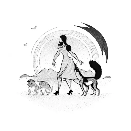 A Blackwork Silhouette Of A Woman And A Dog Walking Into The Sunset