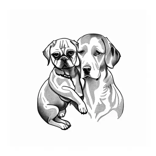 A Blackwork Silhouette Of A Woman And A Dog Touching Heads Together