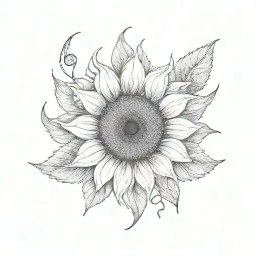 A Blackwork Tattoo Of A Sunflower With Music Notes Intertwining The Stem