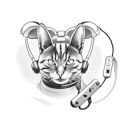A Blackwork Tattoo Of A Cat Wearing Headphones And Holding A Gaming Controller