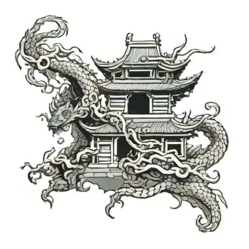 Temple Chinese With Samurai And Dragon Emerging