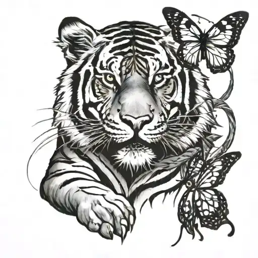 A Tiger And Butterfly Intertwined To Represent The Balance Between Strength And Beauty
