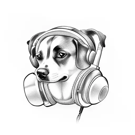 A K-pop Inspired Tattoo Of A Dog Wearing Headphones In Blackwork Style