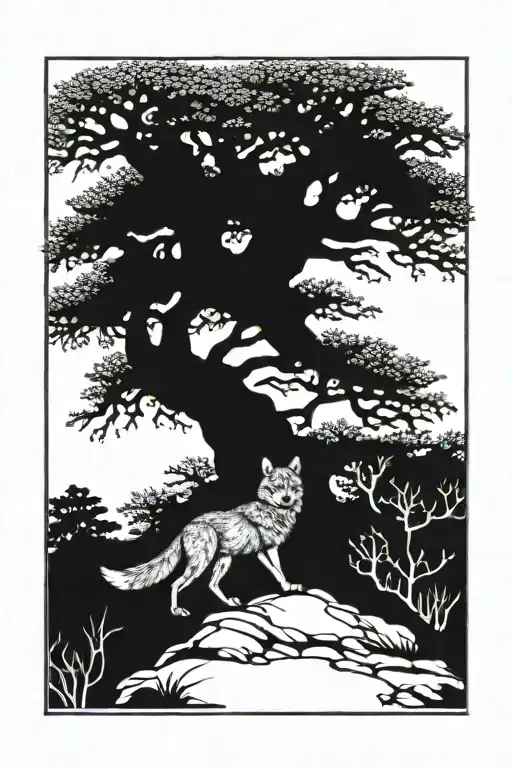 Renaissance Engraving Of Coyote And The Tree Of Life