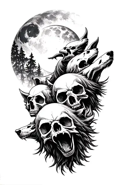 Several Skulls Forming A Wolf Howling Towards The Moon In The Forest