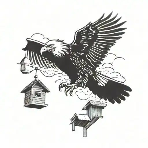 An Eagle Flying Above A Chicken Coop With Three Baby Birds Looking Up At The Eagle Silhouette Style