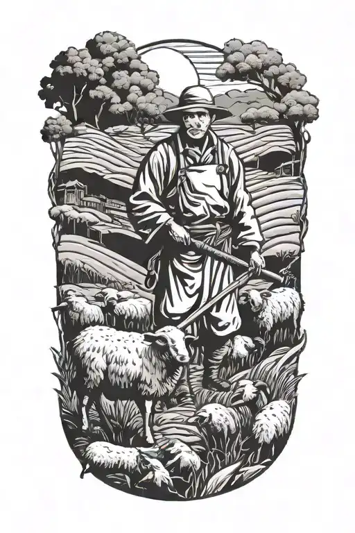 Chinese Farmer With A Scythe And Black Sheep