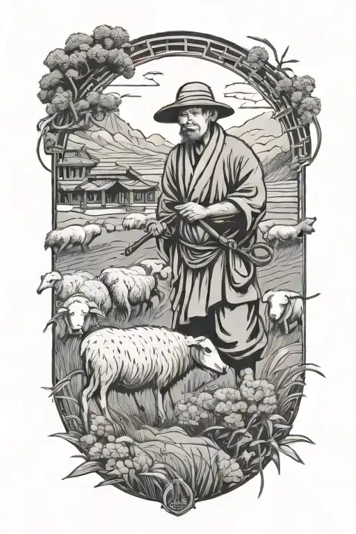 Chinese Farmer With A Scythe And Black Sheep