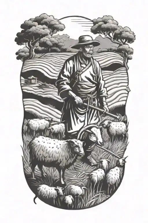 Chinese Farmer With A Scythe And Black Sheep