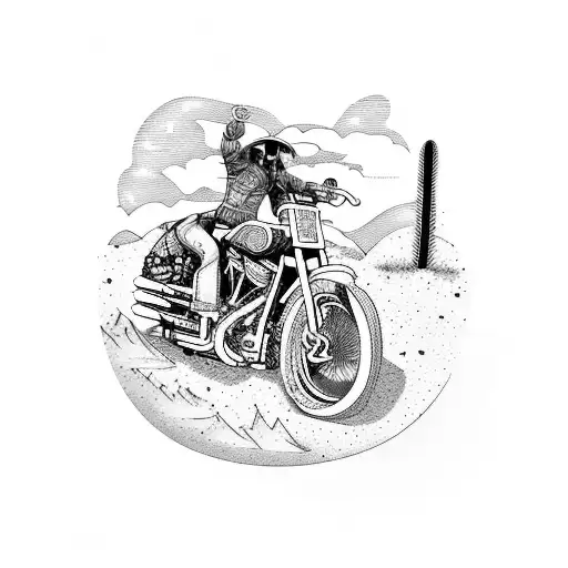 A Fierce Cowboy Riding A Harley Davidson Motorcycle Through A Desert Landscape
