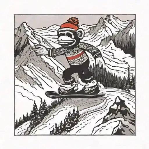 A Sock Monkey Snowboarding Down A Mountain