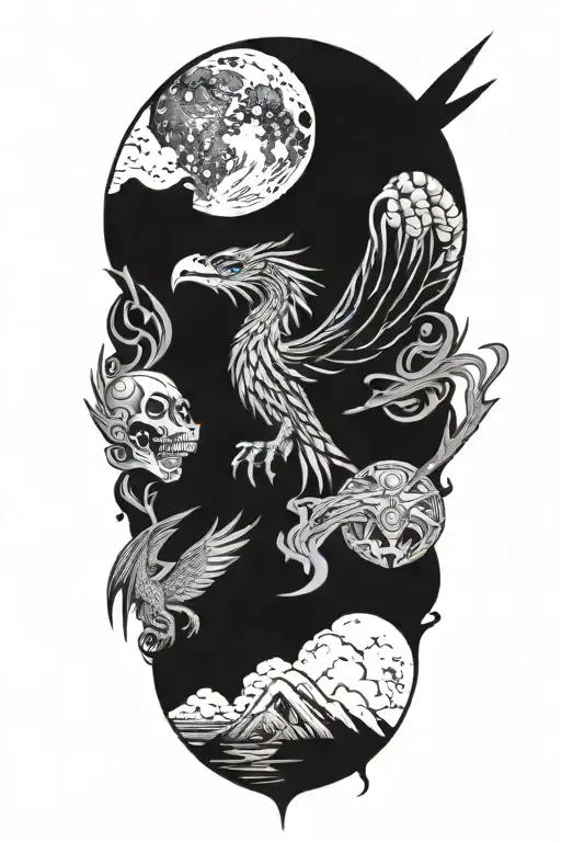 Dragon And Phoenix And Skull And Moon And Raven