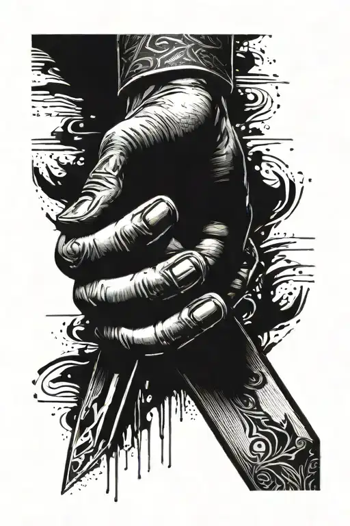 A Hand With A Knife In It Appears From A Black Substance