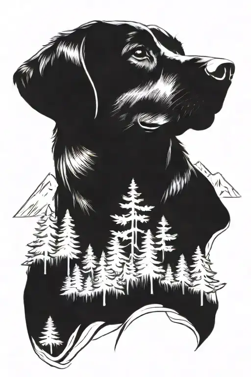 Black Lab Sitting Straight With Trees And Mountains Behing