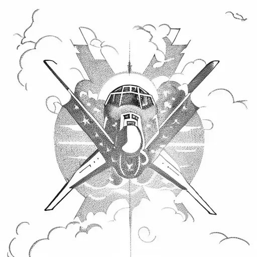 A Blackwork Tattoo Of A Military Aircraft Breaking Through The Earth's Atmosphere
