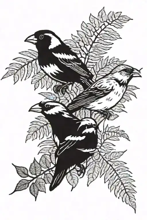 3 Sparrows And Two Pennies With Ferns In The Background