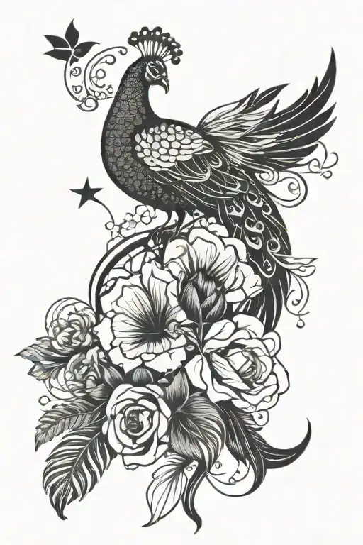 Flowers Intertwined With Peacock Feathers And Stars And Hearts