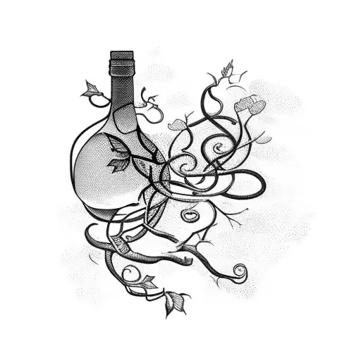 A Nature-inspired Blackwork Tattoo Featuring A Wine Bottle And A Winding Vine