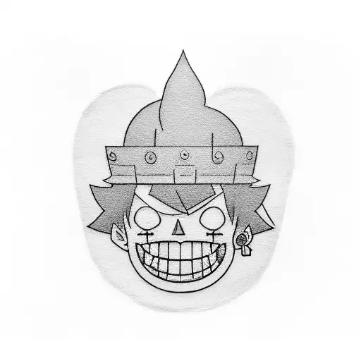 A Blackwork Tattoo Of Luffy From One Piece Enjoying A Slice Of Cake On A Tropical Beach At Sunset