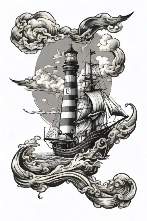 Create A Blend Of American Traditional And Realism Of A Lighthouse And Pirate Ship