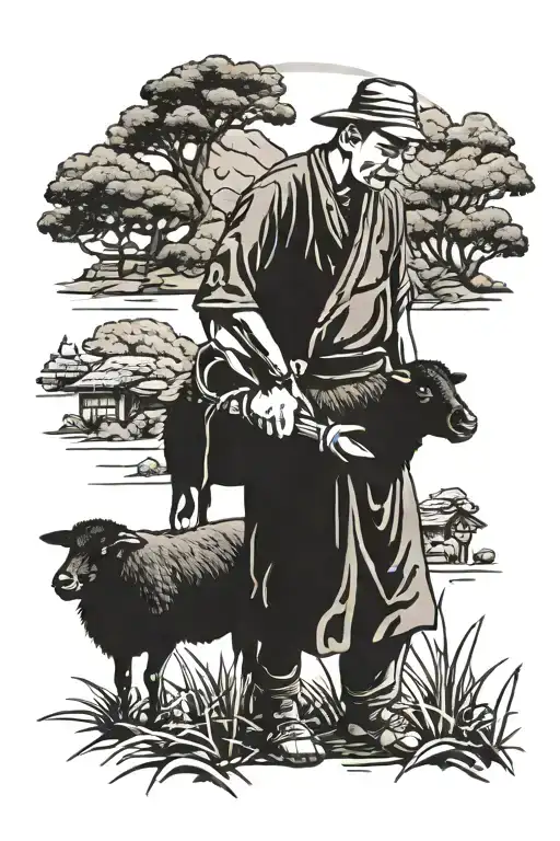 Chinese Farmer With One Black Sheep