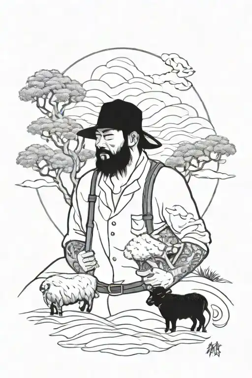 Chinese Farmer With One Black Sheep Infront Of Him