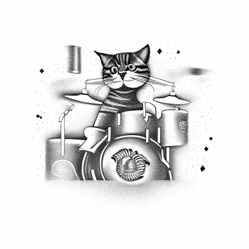 A Fierce Blackwork Tattoo Of A Cat Playing The Drums Surrounded By Metal And Rock Music Symbols
