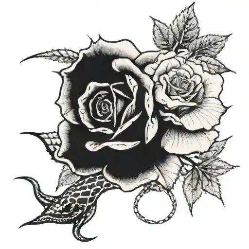 A Thin Rose With Delicate Thorns And Leaves With Tips Of The Rose Petals Wrapped In A Snake