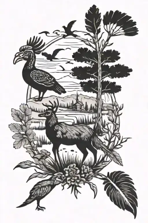 Hunting Scene With Deer Ducks And Turkey Feather