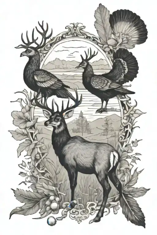 Hunting Scene With Deer Ducks And Turkey