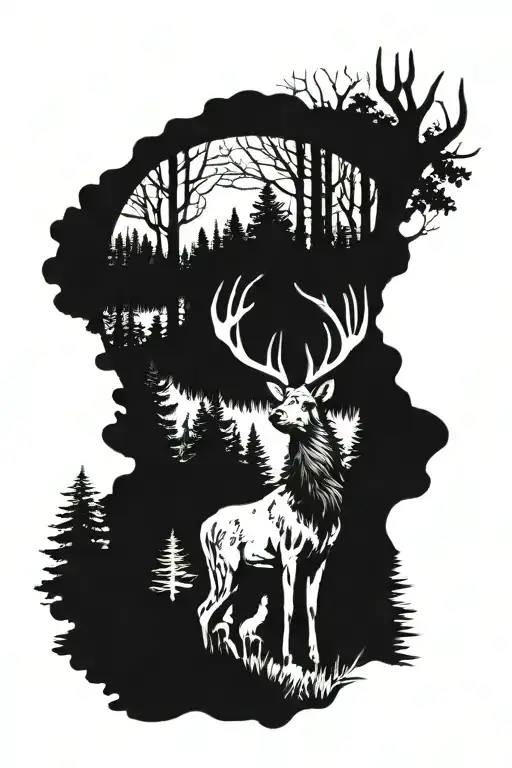 Hunting Scene With Deer Head With Trees