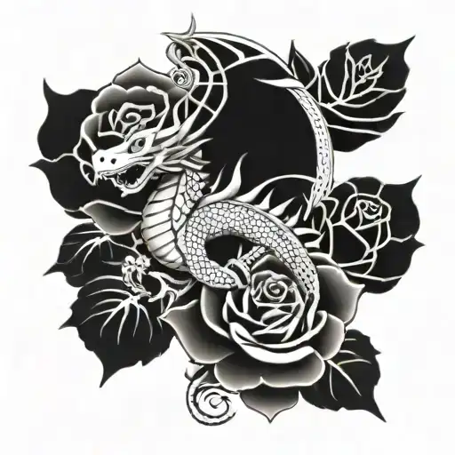Shoulder And Chest Tattoo With Dragon And Roses