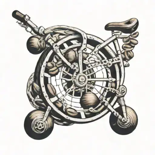 A Unique Blackwork Tattoo Of A Bicycle Wheel Intertwined With Coffee Beans And Soccer Balls