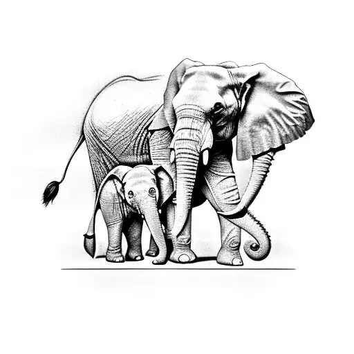 Mum And Baby Elephant With Butterfly Resting On Trump