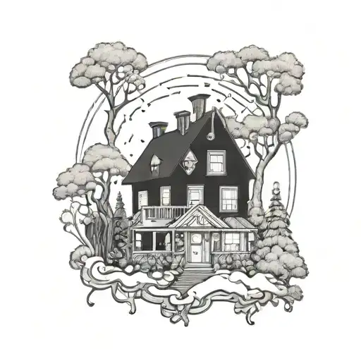 A House With A Forrest In The Background And The Four Characters Of Clockwork Orange