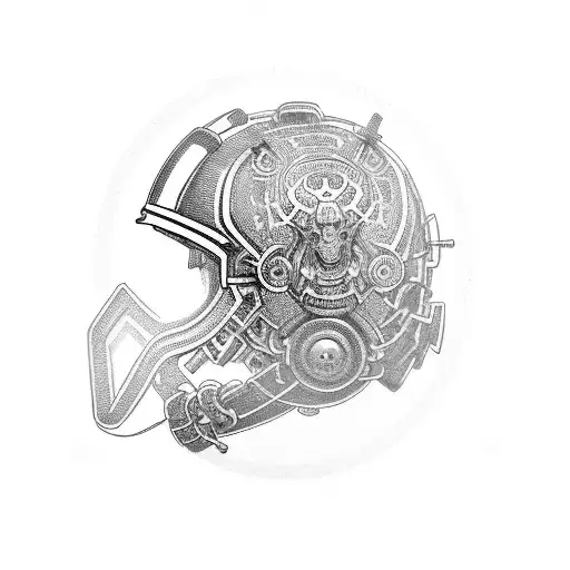 A Samurai Helmet Adorned With Intricate Metal Gears And Chains