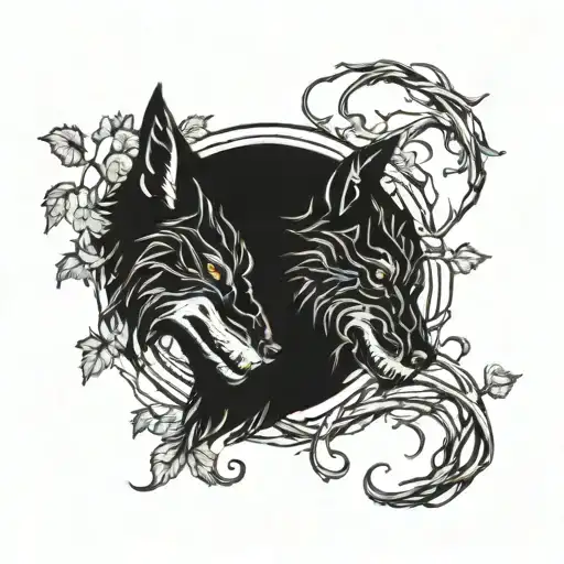 Outlines Of Two Black Wolves Gnawing A Human Skull Entwined With Vines