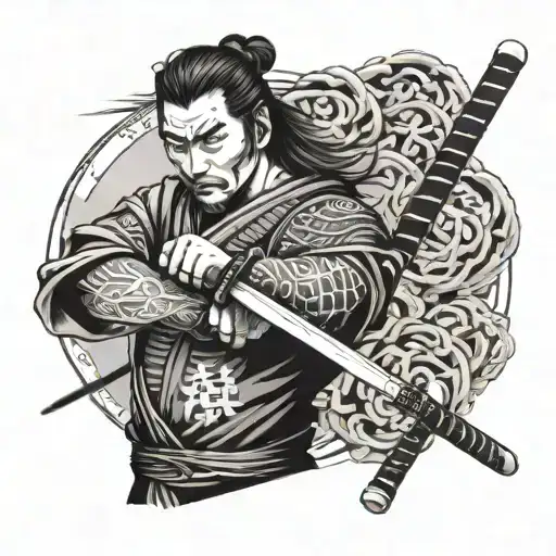 A Samurai Holding A Sword In The Middle And A Japanese Text Covering The Arm From Left To Right