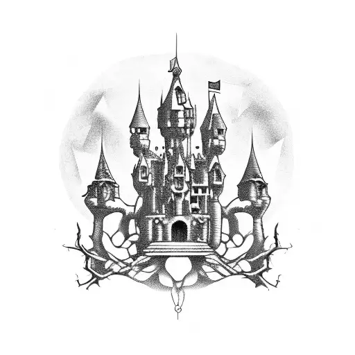Evil Castle With Ghost And Skull