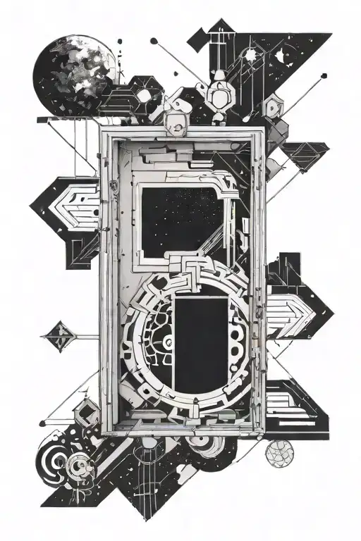 A Door Leading To Space Surrounded By Geometric Elements
