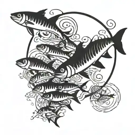 A Blackwork Tattoo Of A School Of Fish Swimming In A Circular Pattern Around An Audiogram